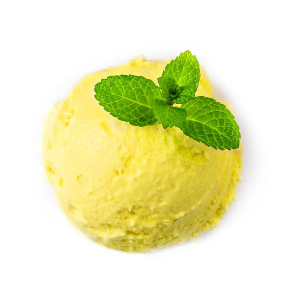 柠檬冰淇淋球与新鲜薄荷叶隔离在白色背景 — 图库照片