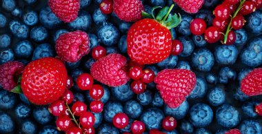 Yaz meyveleri arka plan. Taze Berry karıştırın çilek, ahududu, frenk üzümü, yaban mersini ve Blackberry, üstten görünüm