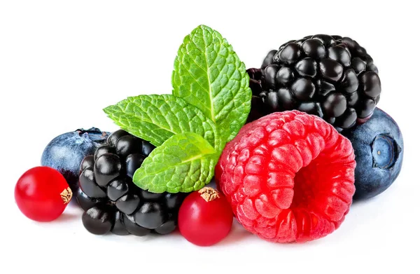 Berries Mix Isolated White Background Raspberry Red Currant Blueberry Blackberry — Stock Photo, Image