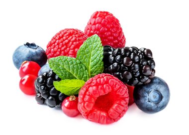 Mix berries with leaf. Various fresh  berries isolated on white background.  Raspberry, Blueberry,  Cranberry, Blackberry and Mint leaves clipart