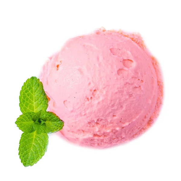 奶油草莓冰淇淋球与新鲜薄荷叶隔离在白色背景 顶视图 — 图库照片