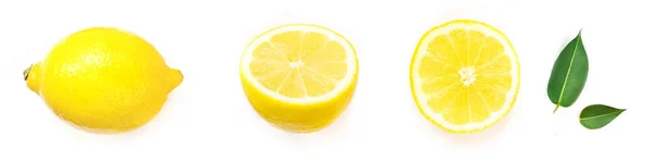 Коллекция Лимонов Целые Фрукты Ломтики Лимона Листом Белом Фоне — стоковое фото