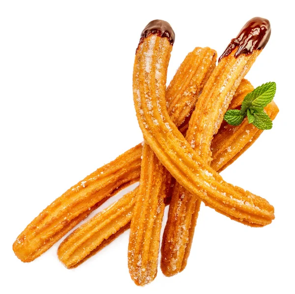 传统的西班牙甜点 churros 与糖和巧克力公司 — 图库照片