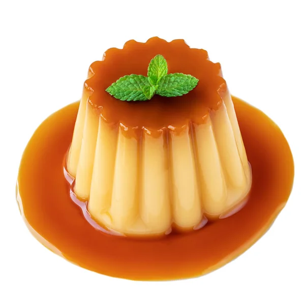 Carmel custard pudding met munt en karamel geïsoleerd op — Stockfoto