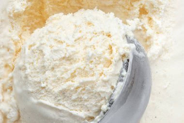 Scooped vanilyalı dondurma donmuş kapsayıcısında bir kepçe ile. WHI