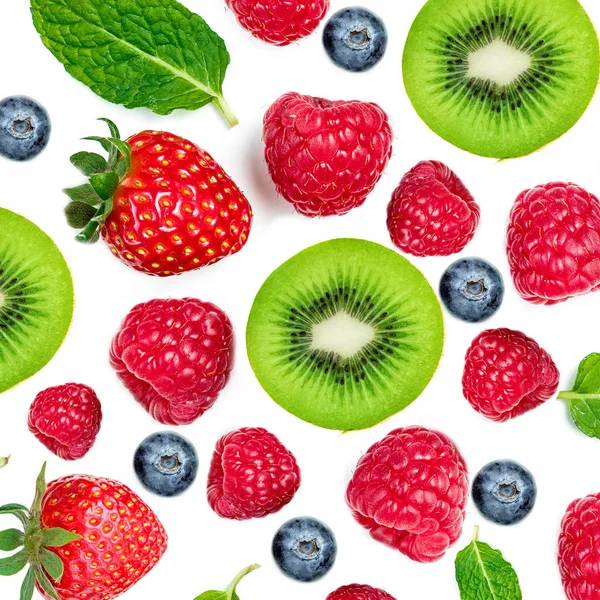 Gemischte Beeren Muster. Erdbeere, Himbeere, Kiwi-Früchte, blau — Stockfoto