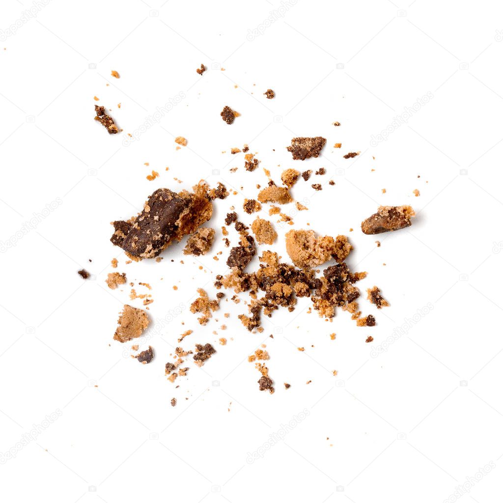 Chocolate chip cookie with crumbs  isolated on white background.