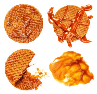 Karamel Belçika waffle koleksiyonu beyaz arka plan üzerinde izole karamel sos ile. Stroopwafel altın karamela şeker şurubu ile ana sayfa görünümü