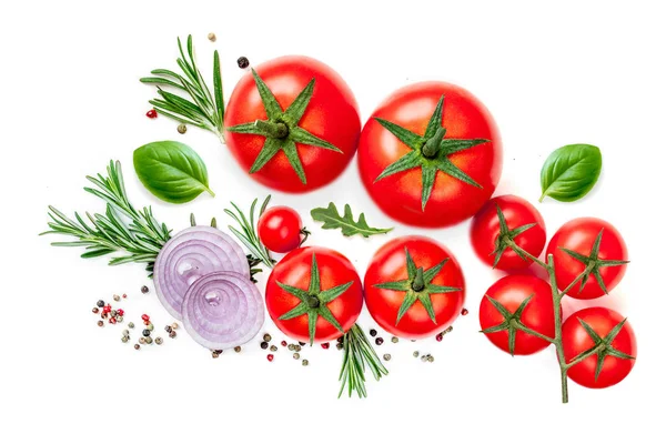 Frische Tomaten Kräuter Und Gewürze Isoliert Auf Weißem Hintergrund Lebensmittelzutaten — Stockfoto