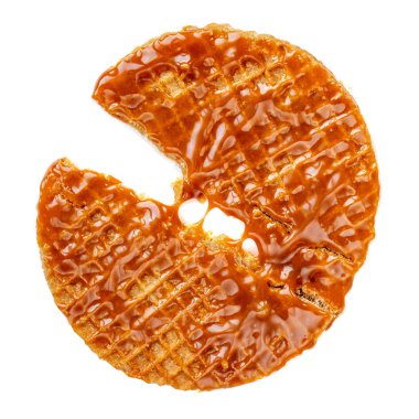 Beyaz backgro izole karamel soslu Yuvarlak Hollanda waffle
