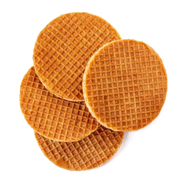 Pile of caramel  round Dutch waffles isolated on white backgroun — Stock Photo, Image