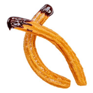 Churros beyaz sırt izole çikolata sosu daldırma ile yığılmış