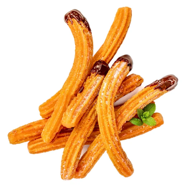 Churros apilados con salsa de chocolate aislado en la espalda blanca — Foto de Stock