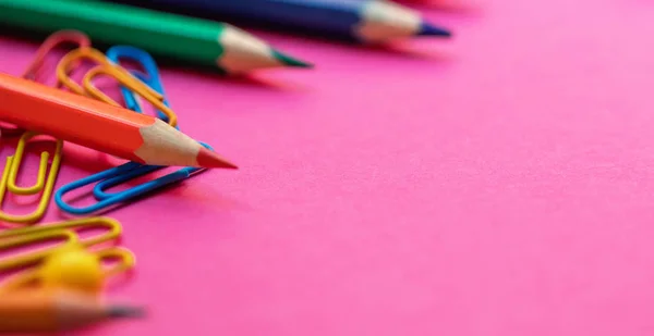 Zurück Zur Schule Schulmaterialien Auf Buntem Hintergrund Für Unterricht Und — Stockfoto