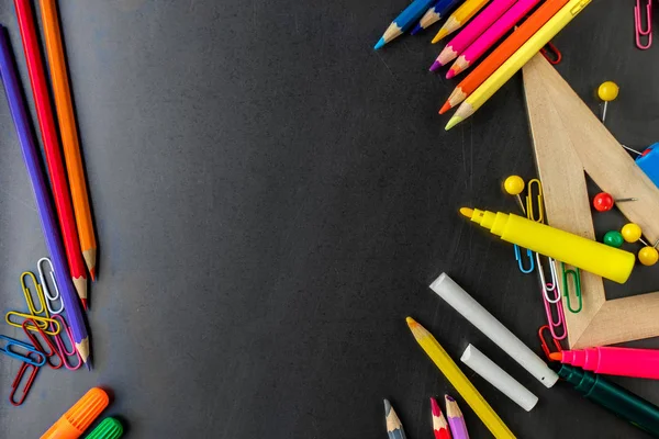 Torniamo Scuola Forniture Scolastiche Sfondo Lavagna Lezioni Lezioni Piatto Top — Foto Stock