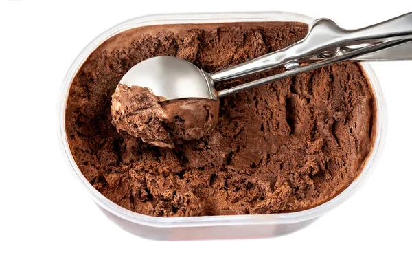 Шоколадное Мороженое Белом Фоне Темное Какао Мороженое Контейнера Посудой Вид — стоковое фото