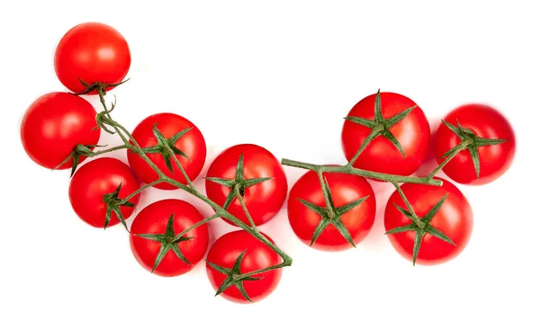 Tomates Cereja Isolados Sobre Fundo Branco Deitado Topo Vie — Fotografia de Stock