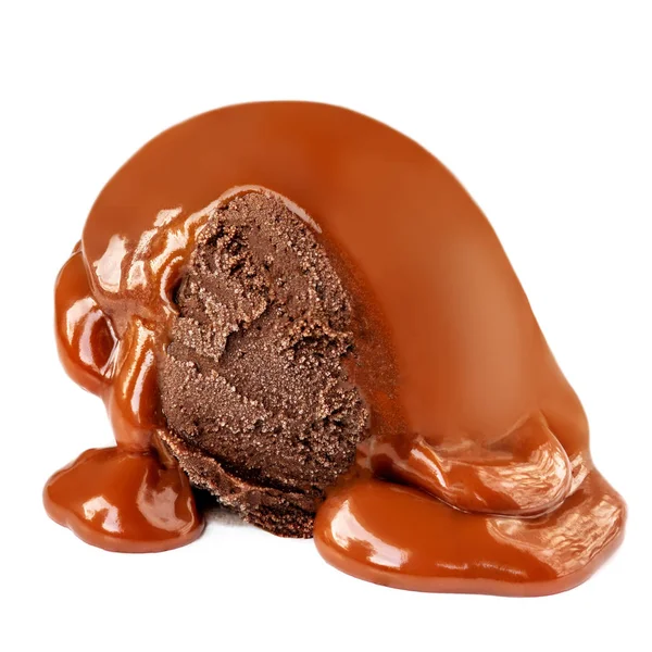 Chocolate  Ice cream with flowing caramel sauce isolated on whit