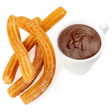 Çikolata bardağı ile churros. Sug ile churro-kızarmış hamur pasta