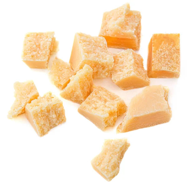 Houten bord met verschillende kaas op witte achtergrond. Cheese Pla — Stockfoto