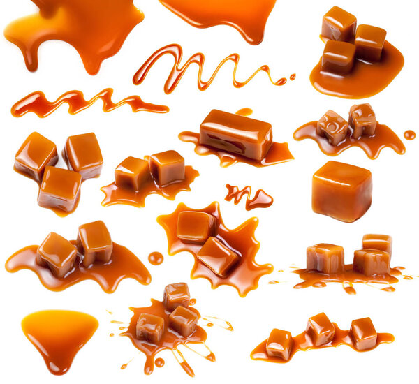Caramel candies Isolated. Caramel pieces with  sauce on a white 