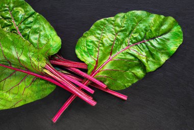 Siyah arka plan üzerinde Rhubarb. Yeşil taze kırmızı rhubarb sapları