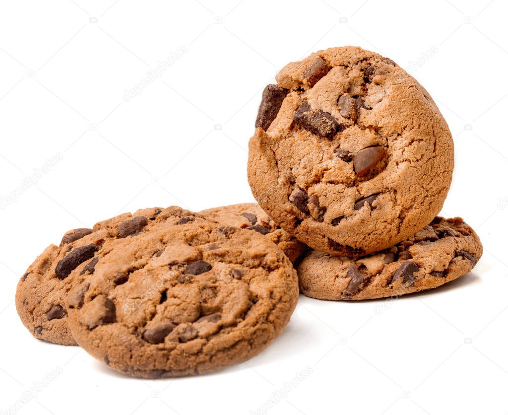 Chocolate chip cookie isolated on white background. Stack of but