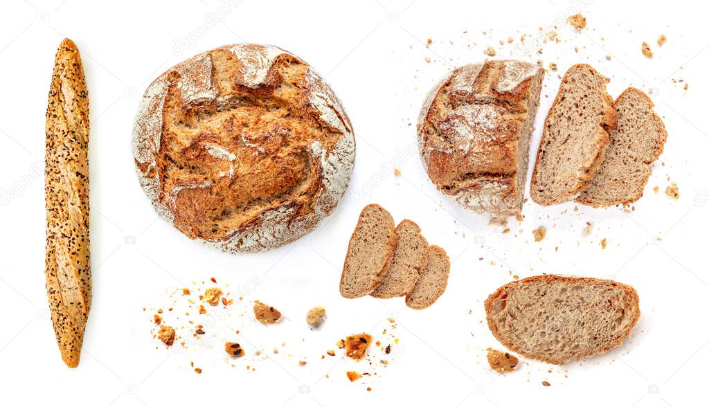 Freshly baked bread isolated on white background. Rustic wholegr