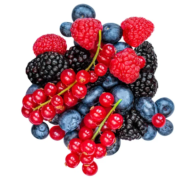 Beeren mit Blättern auf weißem Hintergrund vermischen. frische Raspel — Stockfoto