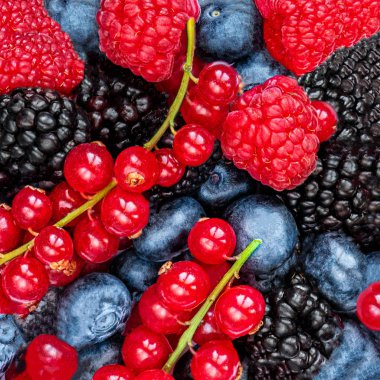 Çilek Arka Plan. Karışık Taze Çilek doku. Ahududu, Mavi