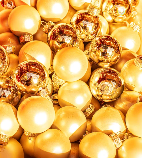 Heap of Golden Christmas balls, may use as Background. Close up. — Stock Photo, Image