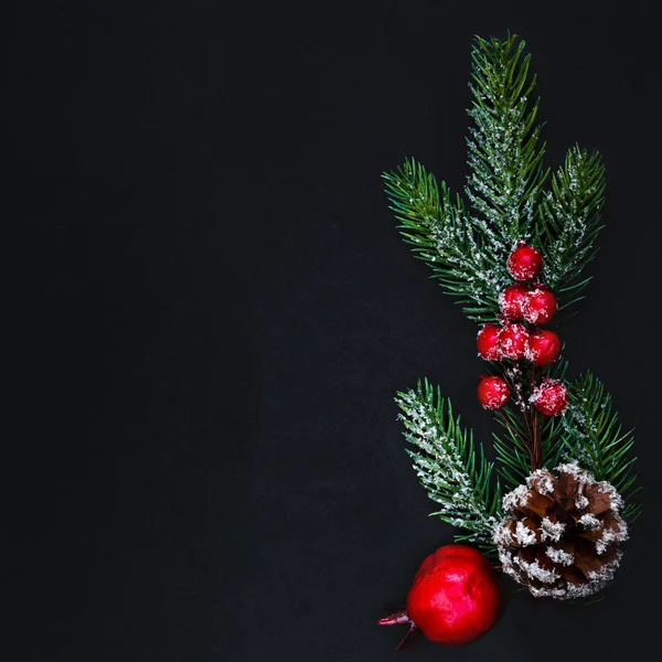 Christmas Tree Branches Decorated with Red Berries on black  bac — Stock Photo, Image