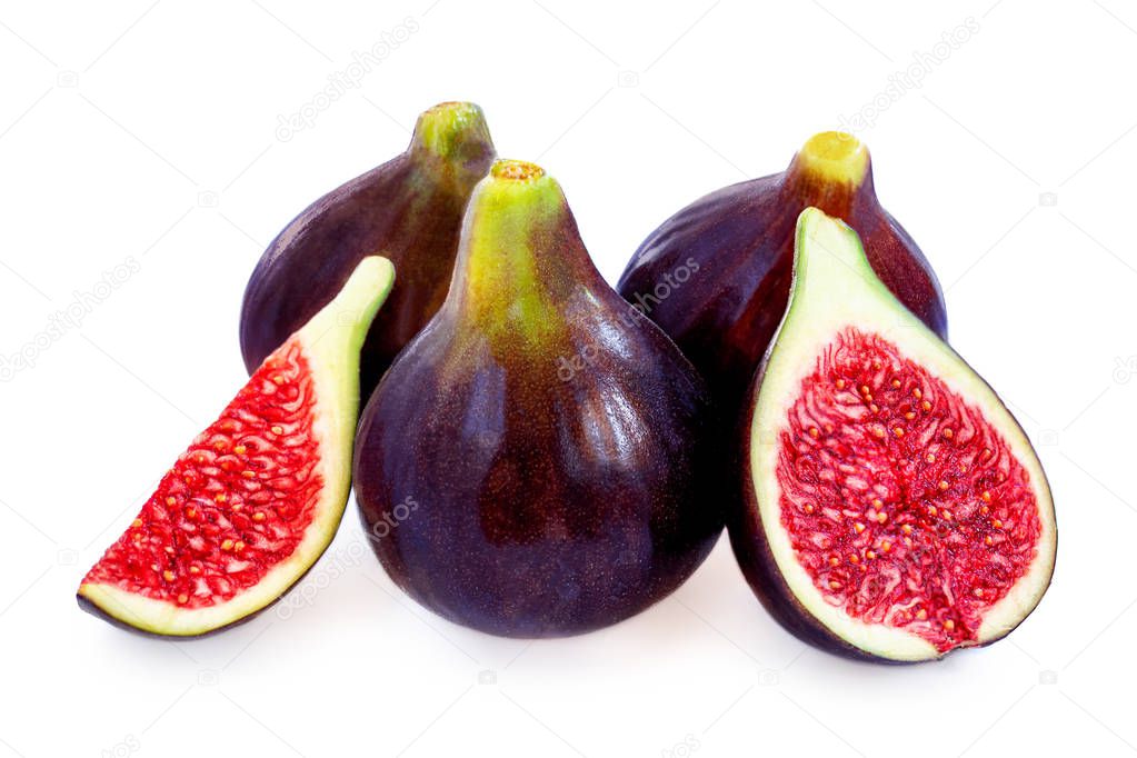 Fresh Figs Isolated. Juicy Whole, quarter  and Halved Figs  Frui