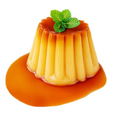 Pudding caramel custard with caramel sauce and mint leaf isolate clipart