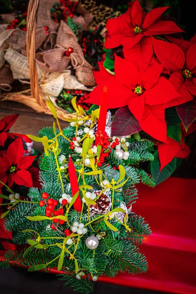 Weihnachtsdekoration mit rotem Stern, Weihnachtsstern, Tanne, — Stockfoto