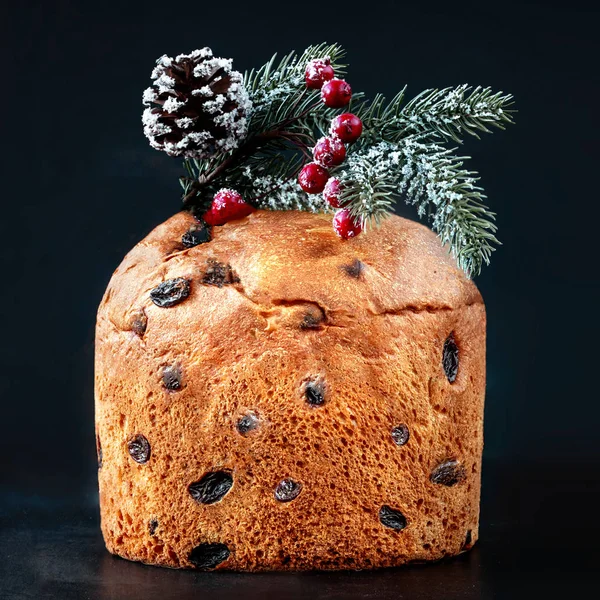 Kue Natal dengan buah-buahan kering dihiasi dengan cabang pohon cemara — Stok Foto