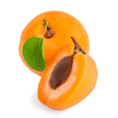 Kayısı izole edilmiş. Beyaz makroda yaprakları olan taze kayısı..