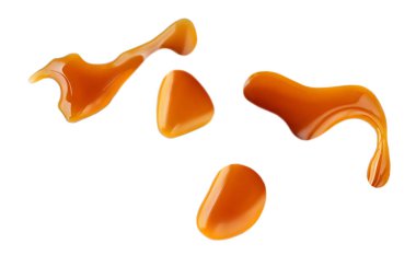 Tatlı karamel sosu beyaz arkaplanda izole edilmiş, üst manzara