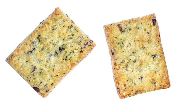 Zoute Krokante Crackers Met Sesam Rozemarijn Zonnebloempitten Geïsoleerd Witte Achtergrond — Stockfoto