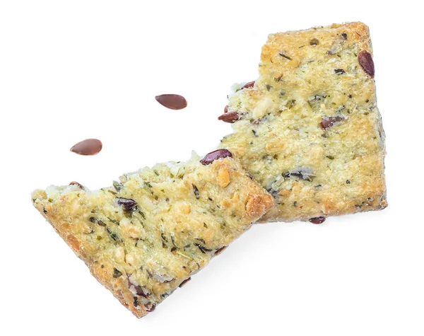 Gesalzene Knusprige Cracker Mit Sesam Rosmarin Und Sonnenblumenkernen Isoliert Auf — Stockfoto