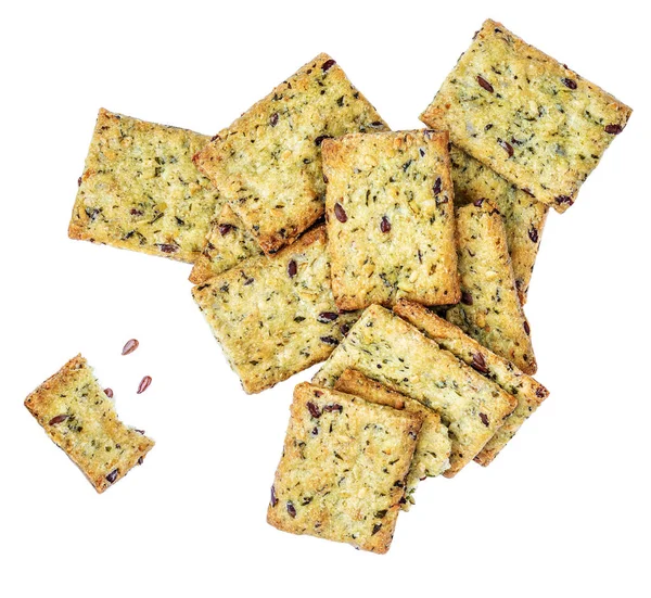 Getreidecracker Isoliert Auf Weißem Hintergrund Knusprige Brote Mit Sesam Und — Stockfoto