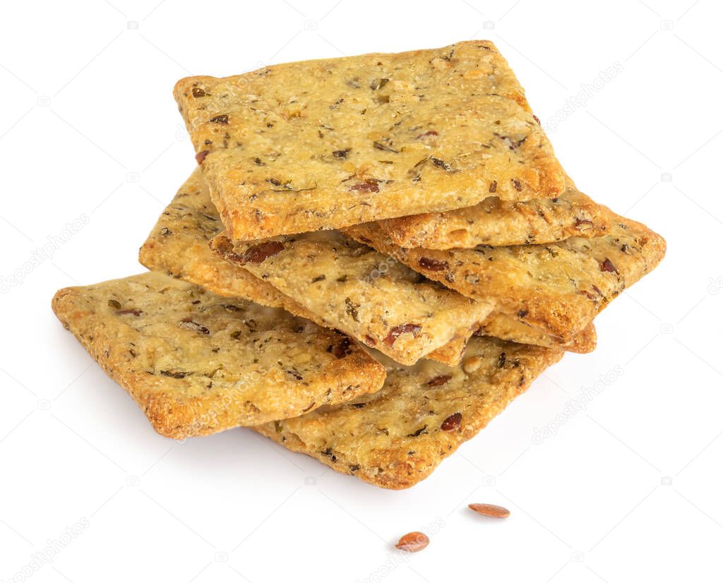 Cereal crackers isolated on white background.  Crispy breads with sesame and flax seeds,  close up 