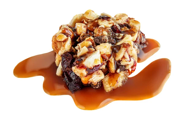 Granolová Tyčinka Pečenými Ořechy Karamelovou Omáčkou Izolovaná Bílém Pozadí Obilná — Stock fotografie