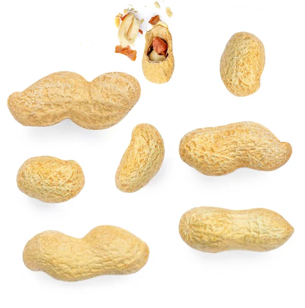 Creative Layout Made Peanuts Isolated White Background Dried Peanut Collection — Stock Photo, Image