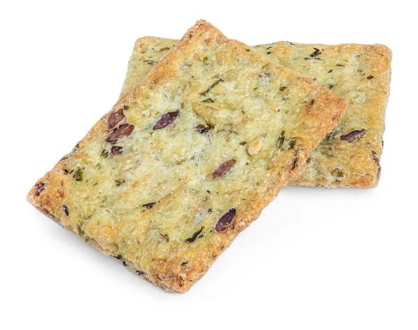 Zoute Krokante Crackers Met Sesam Rozemarijn Zonnebloempitten Geïsoleerd Witte Achtergrond — Stockfoto