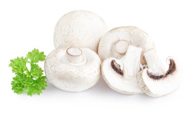 Beyaz arka planda izole edilmiş taze şampiyon mantarları. Maydanoz otlu yenilebilir mantarlar.