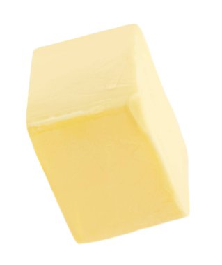 Beyaz arka planda izole edilmiş bir parça tereyağı. Dilimlenmiş Tereyağı bloğu yakın plan