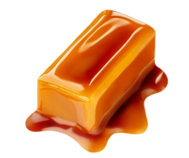 Beyaz arka planda izole edilmiş yumuşak karamel şekerler, üst manzara. Sos ya da akçaağaç şuruplu karamel parçaları. 