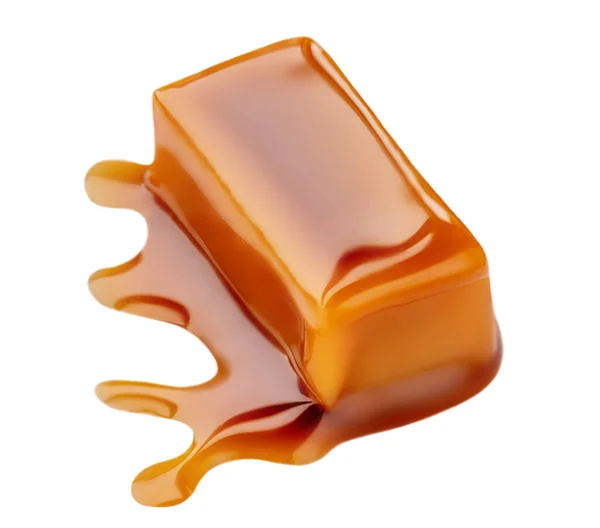 Süße Karamellbonbons Und Geschmolzenes Karamelltopping Isoliert Auf Weißem Hintergrund — Stockfoto