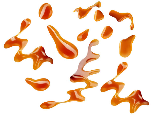 Набор карамельного соуса изолирован на белом фоне. Жидкий расплавленный карамель или кленовый сироп вид сверху. Коллекция